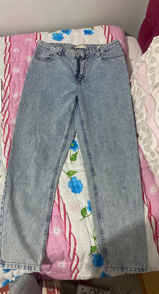 Düğmeli Bağlama Desenli Gri Mavi Midi Kot Pantolon - Görsel 2