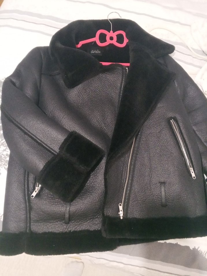 Siyah Kürklü Deri Kadın Biker Ceket - Görsel 2