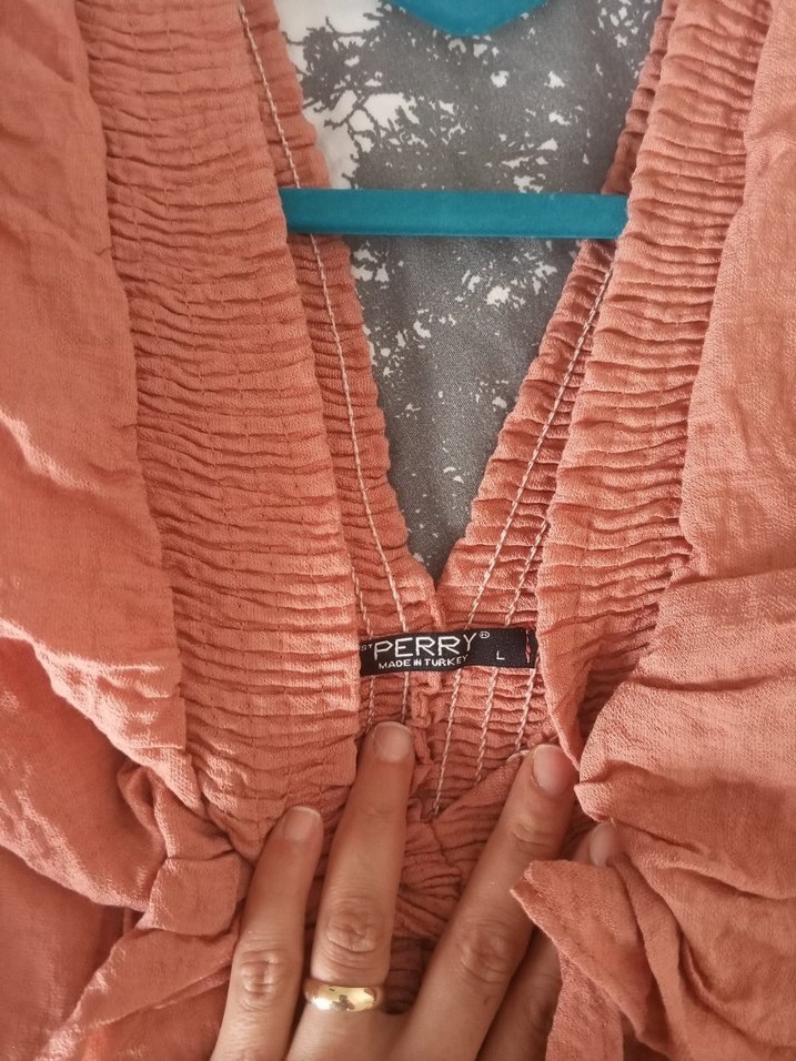 Pembe V Yaka Uzun Keten Elbise - Görsel 2