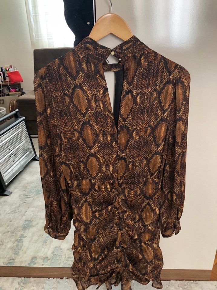 Zara Kahverengi Yılan Desenli V Yakalı Mini Elbise - Görsel 2