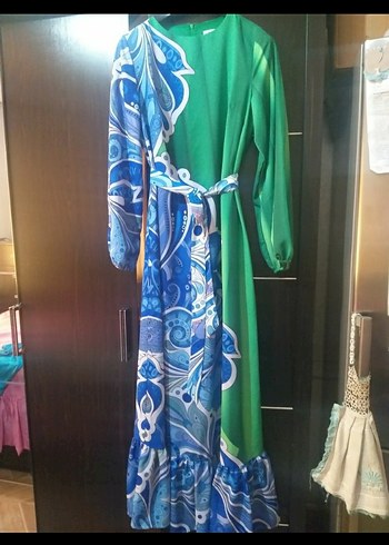 Saten Bohem Uzun Kol Elbise, Renkli Batik Desenli