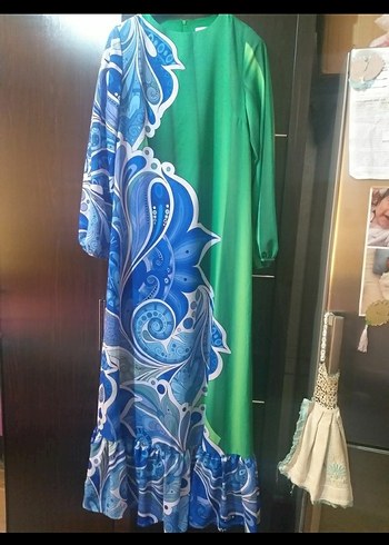 38 Beden Saten Bohem Uzun Kol Elbise, Renkli Batik Desenli