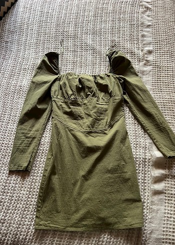 Bershka Uzun Kollu Khaki Bohem Midi Elbise