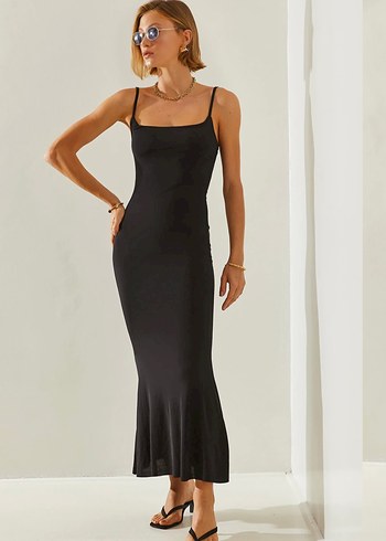 Siyah İnce Askılı Uzun Elbise - Görsel 2