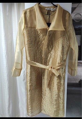 Gold organze taşlı şık ceket 36 38 uyumlu