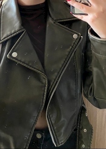 Haki Yeşili Zara Biker Deri Ceket - Görsel 3