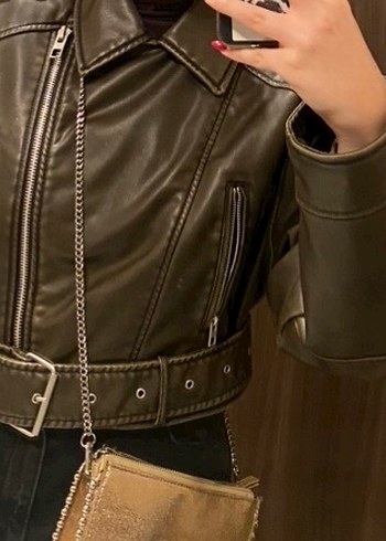Haki Yeşili Zara Biker Deri Ceket - Görsel 2