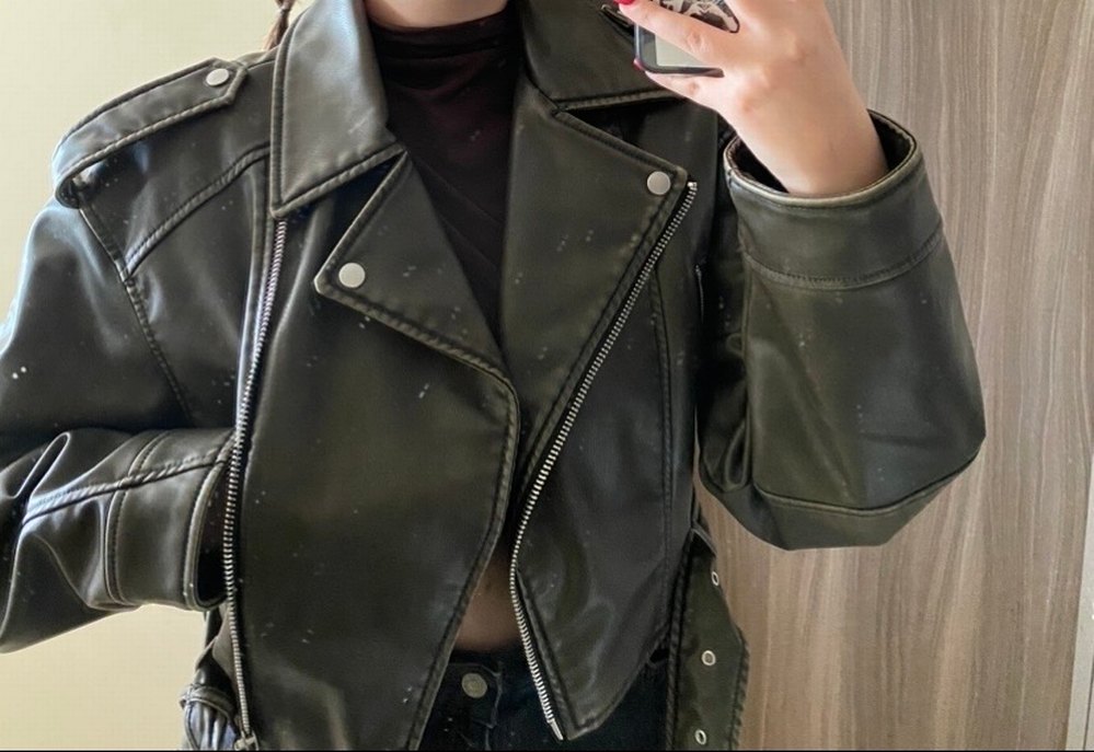 Haki Yeşili Zara Biker Deri Ceket - Görsel 3