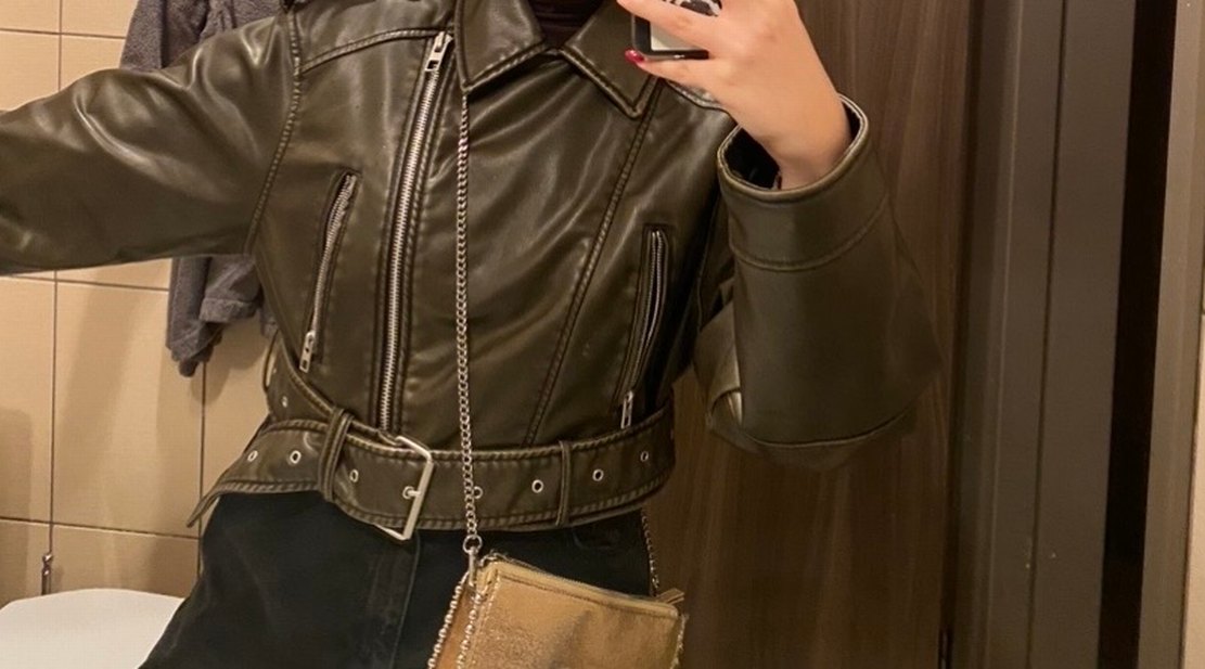 Haki Yeşili Zara Biker Deri Ceket - Görsel 2