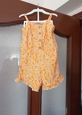 Kız Çocuk Turuncu Çiçekli Düğmeli Tulum - Görsel 5