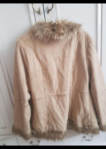 Bej Süet Kadın Kaban - Kürk Detaylı, Midi Boy - Görsel 3