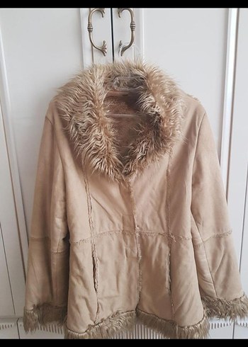 Bej Süet Kadın Kaban - Kürk Detaylı, Midi Boy - Görsel 4