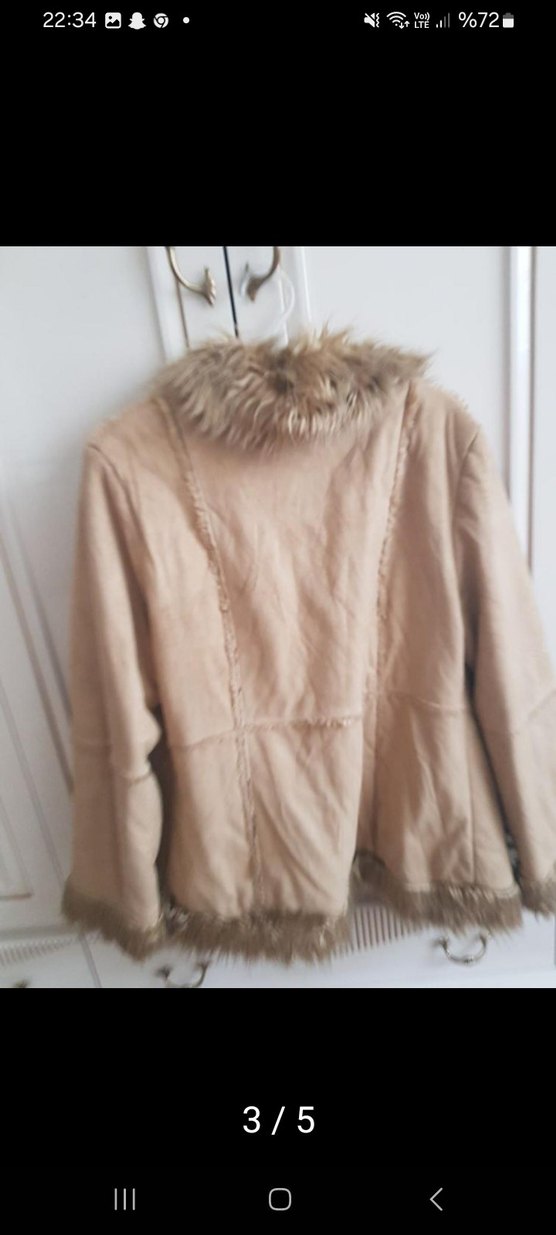 Bej Süet Kadın Kaban - Kürk Detaylı, Midi Boy - Görsel 3