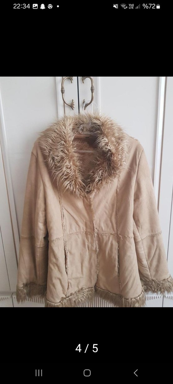 Bej Süet Kadın Kaban - Kürk Detaylı, Midi Boy - Görsel 4