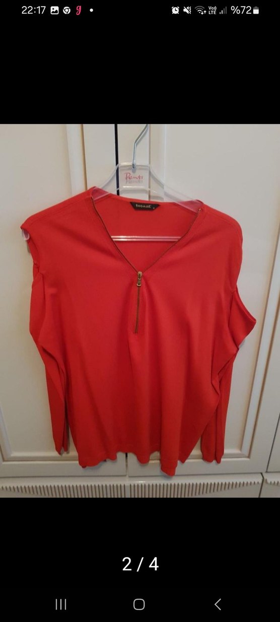 Kırmızı V Yaka Fermuarlı Kadın Bluz - Görsel 2