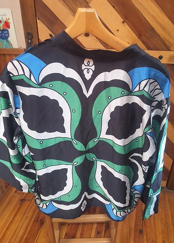 m Beden Mavi Baskılı Uzun Kollu Fitted Kimono