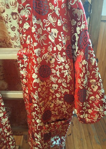 Diğer Renkli Düğmeli Kısa Kollu Bohem Çin Desenli Kimono