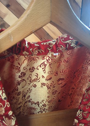 l Beden kırmızı Renk Renkli Düğmeli Kısa Kollu Bohem Çin Desenli Kimono