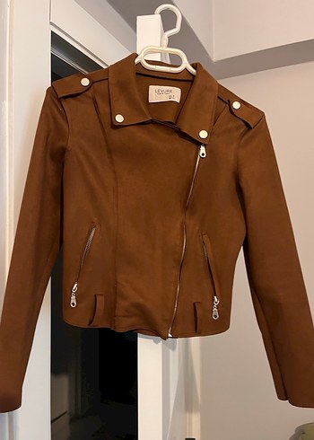 Deri Görünümlü Kahverengi Kadın Biker Ceket - Görsel 4