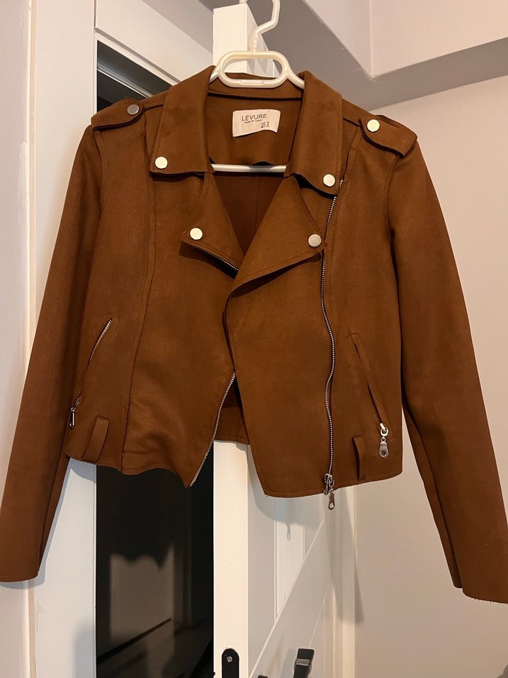 Deri Görünümlü Kahverengi Kadın Biker Ceket - Görsel 2