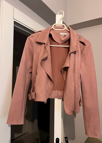 Pembe Süet Kısa Kadın Deri Ceket - Görsel 5