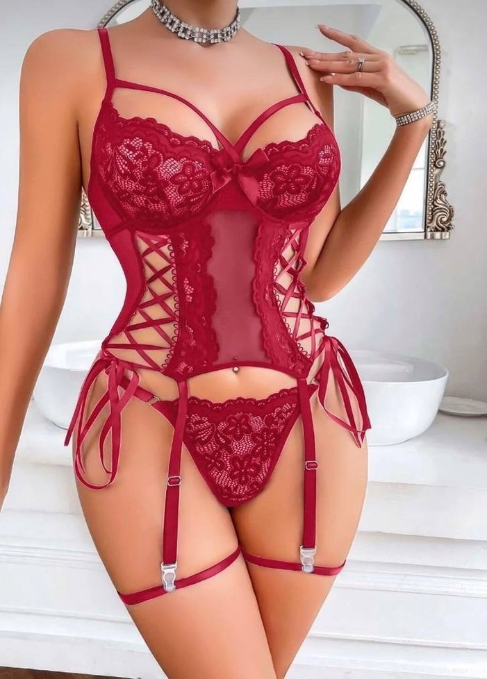 Bordo Dantelli Halter Yaka Mini Bustiyer - Görsel 2