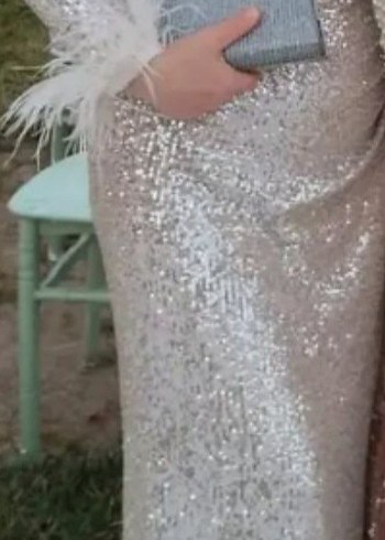 Gri Uzun Kollu V Yaka Abiye Elbise - Görsel 2