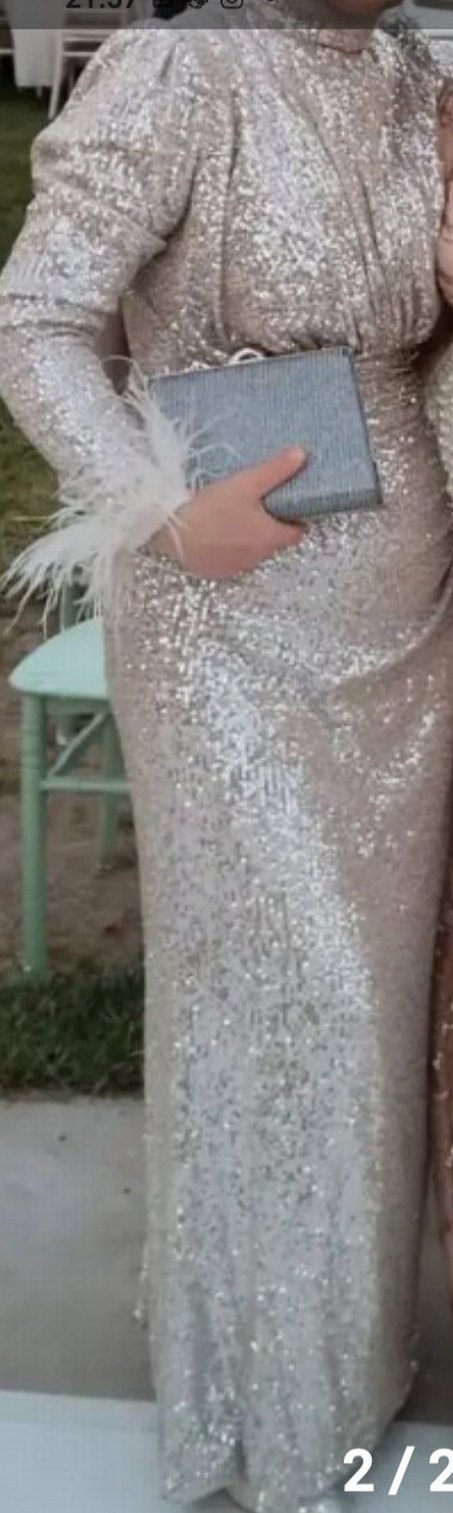 Gri Uzun Kollu V Yaka Abiye Elbise - Görsel 2