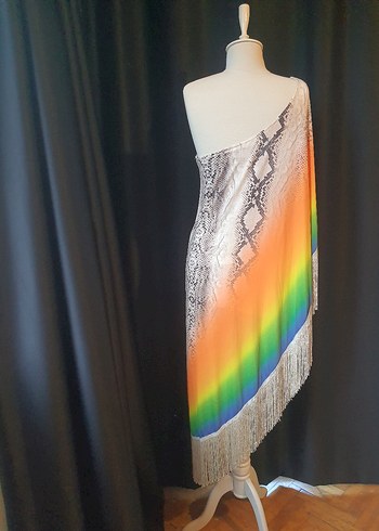 Renkli Batik Desenli Askısız Parti Elbisesi - Görsel 6