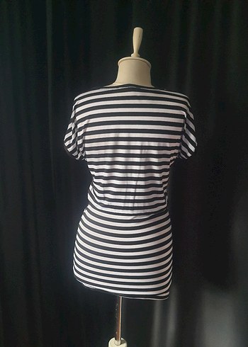 Siyah Beyaz Çizgili Kısa Kollu Mini Elbise - Görsel 2