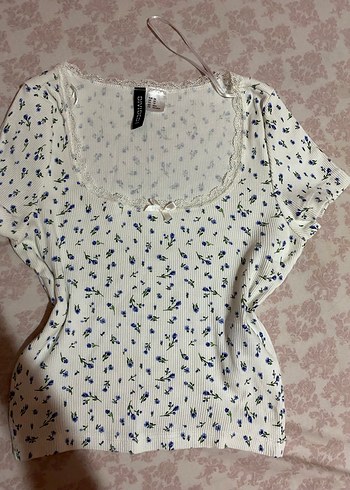 H&M H&M lolita Dantel Detaylı Beyaz Çiçekli Kısa Kollu Kadın Bluz