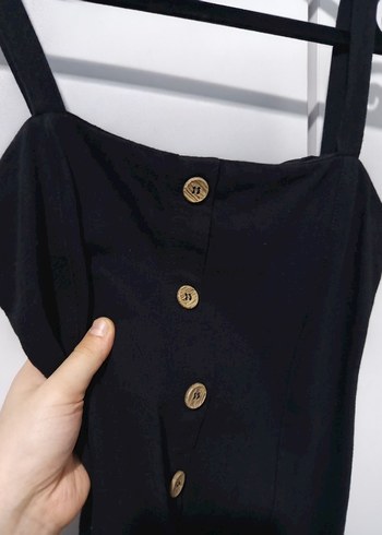 Düğmeli Siyah Mini Elbise - Görsel 3