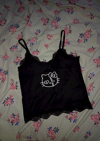 Dantel Detaylı Siyah Goth hello kittyli Askılı Kadın büstiyer - Görsel 9