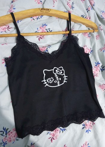 Dantel Detaylı Siyah Goth hello kittyli Askılı Kadın büstiyer - Görsel 7