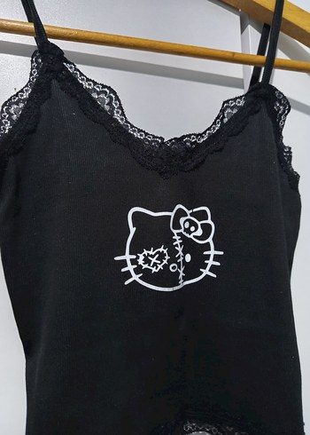 Dantel Detaylı Siyah Goth hello kittyli Askılı Kadın büstiyer - Görsel 2