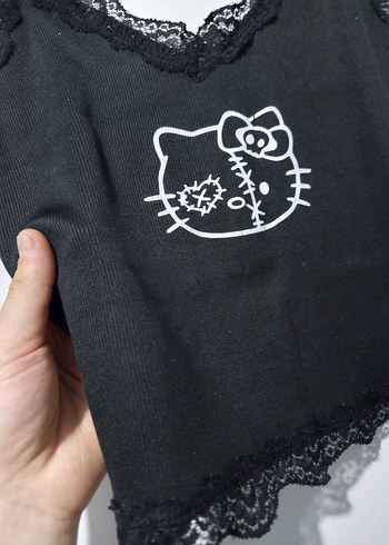 Dantel Detaylı Siyah Goth hello kittyli Askılı Kadın büstiyer - Görsel 3