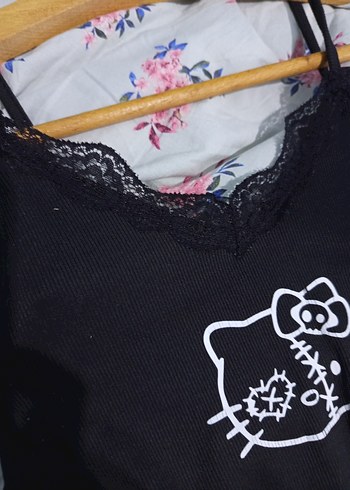 Dantel Detaylı Siyah Goth hello kittyli Askılı Kadın büstiyer - Görsel 8