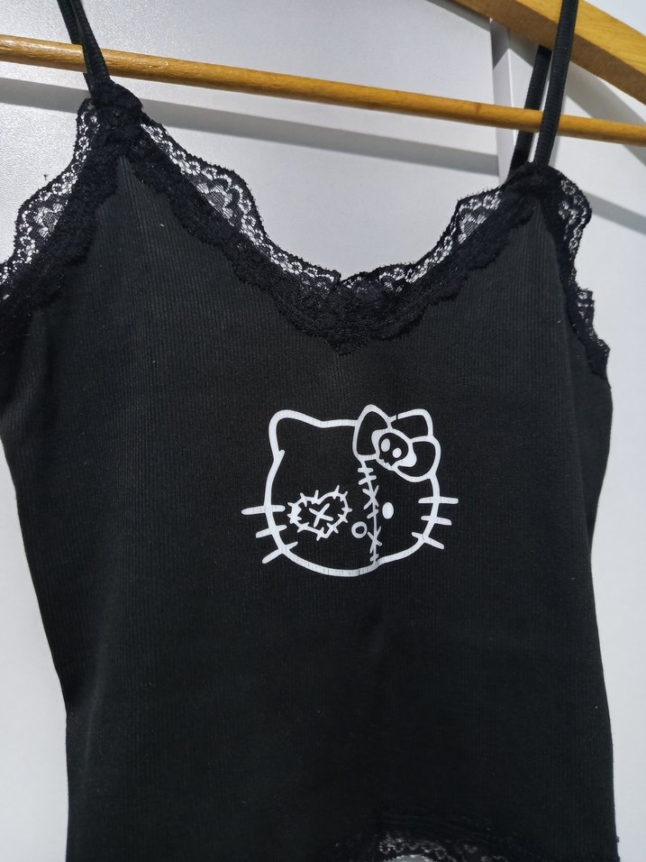 Dantel Detaylı Siyah Goth hello kittyli Askılı Kadın büstiyer - Görsel 2