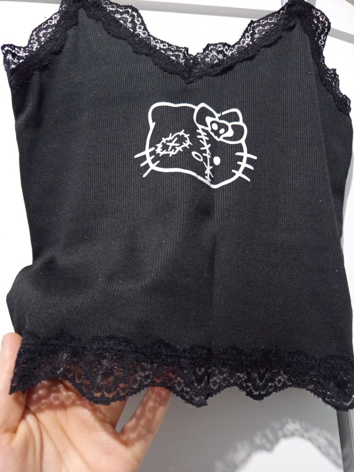 Dantel Detaylı Siyah Goth hello kittyli Askılı Kadın büstiyer - Görsel 4