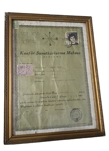 Vintage 1960 lar Ahşap çerçeveli berber diploması