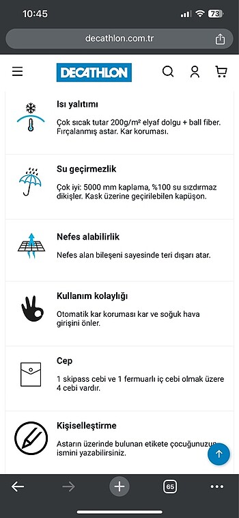 11-12 Yaş Beden Decathlon Çocuk Kayak Şişme Montu - Gri