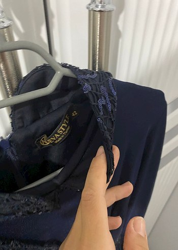 Uzun Kollu Drapeli Lacivert Abiye Elbise - Görsel 2