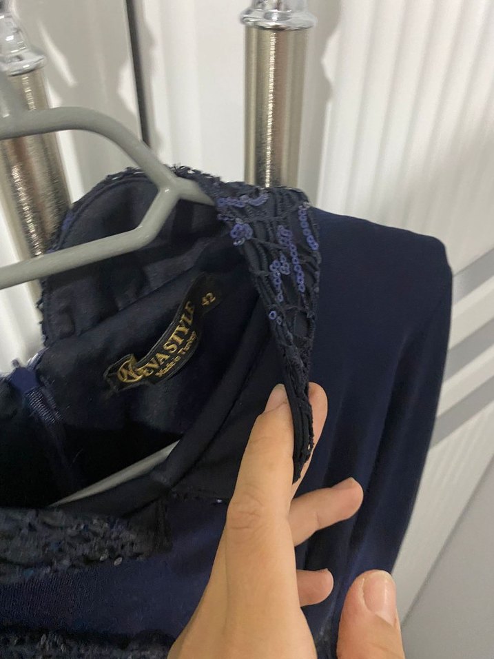 Uzun Kollu Drapeli Lacivert Abiye Elbise - Görsel 2