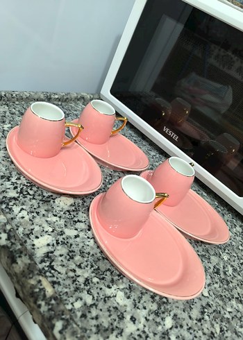 Pastel Pembe Kulplu Fincan ve Tabak Seti4 kişilik tir - Görsel 3