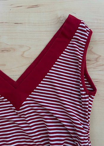 Bordo Çizgili  V Yaka Kolsuz Bluz - Görsel 3