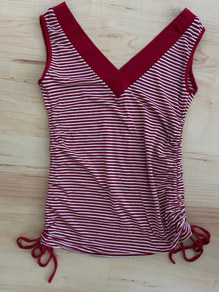 Bordo Çizgili  V Yaka Kolsuz Bluz - Görsel 2