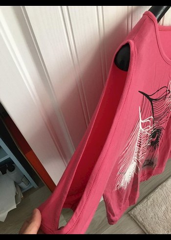 Renkli Baskılı Kısa Kollu kol detaylı Pembe Bluz - Görsel 3