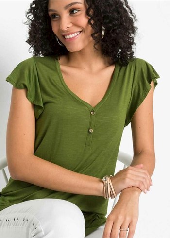 V Yaka Düğmeli Haki Kadın Tunik - Görsel 3