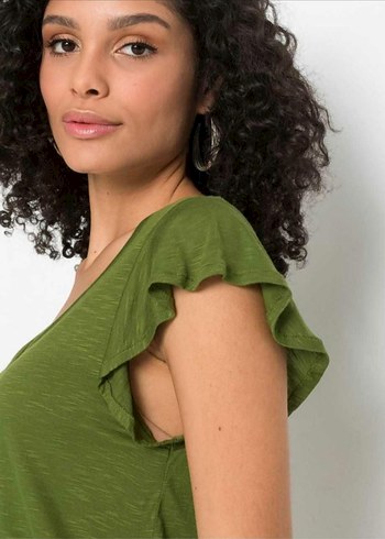 V Yaka Düğmeli Haki Kadın Tunik - Görsel 2