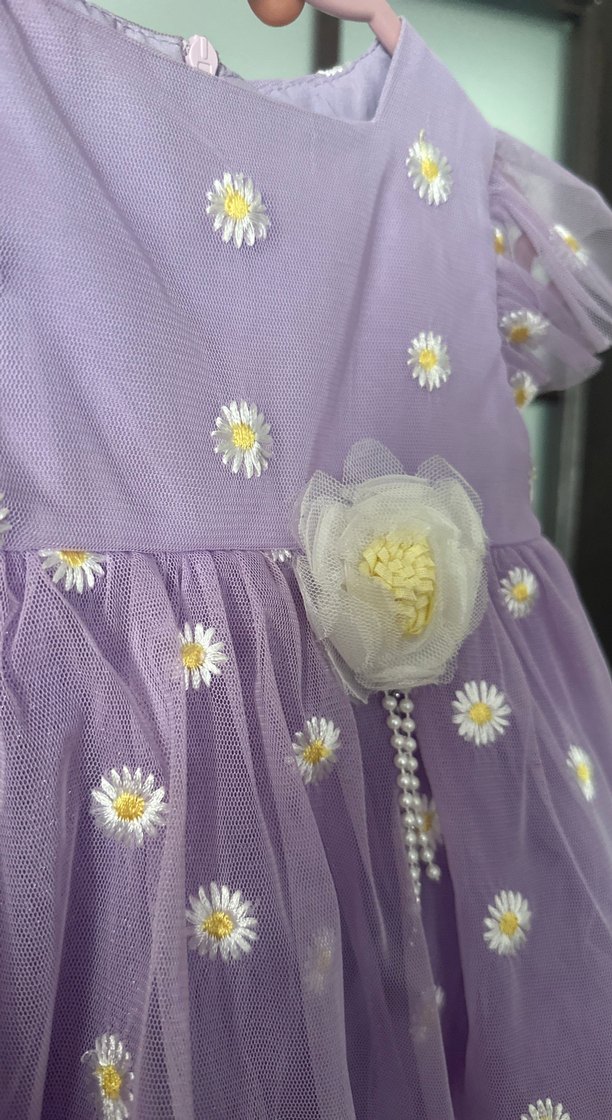 Kız Çocuk Lila Nakışlı Fırfırlı Elbise - Görsel 5